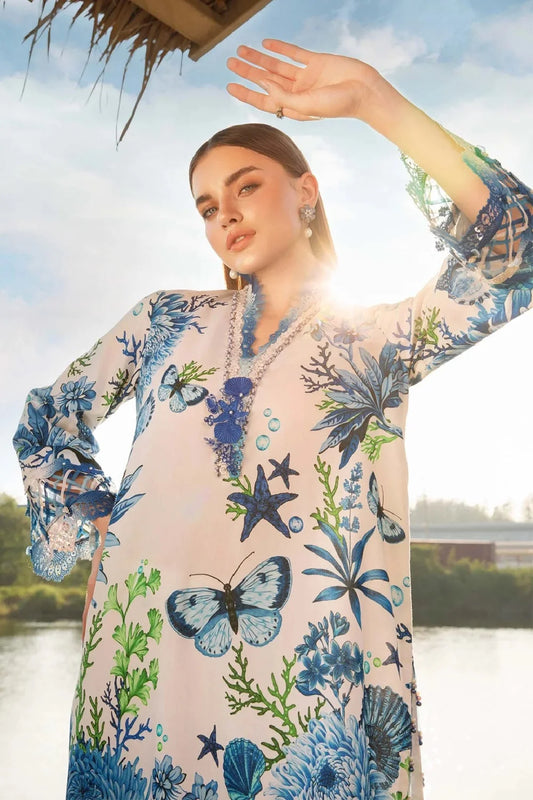 White & Blue Pure Lawn Suit with Chiffon Dupatta