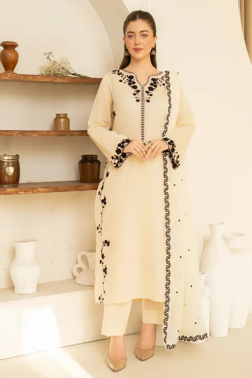 Vanilla Embroidered Linen Ladies Suit Online in Dubai UAE Abudhabi Ajman Sharjah