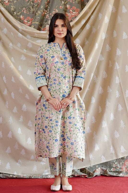 Vanilla Floral Print Lawn Kurta Set Online in Dubai UAE Abudhabi Ajman Sharjah