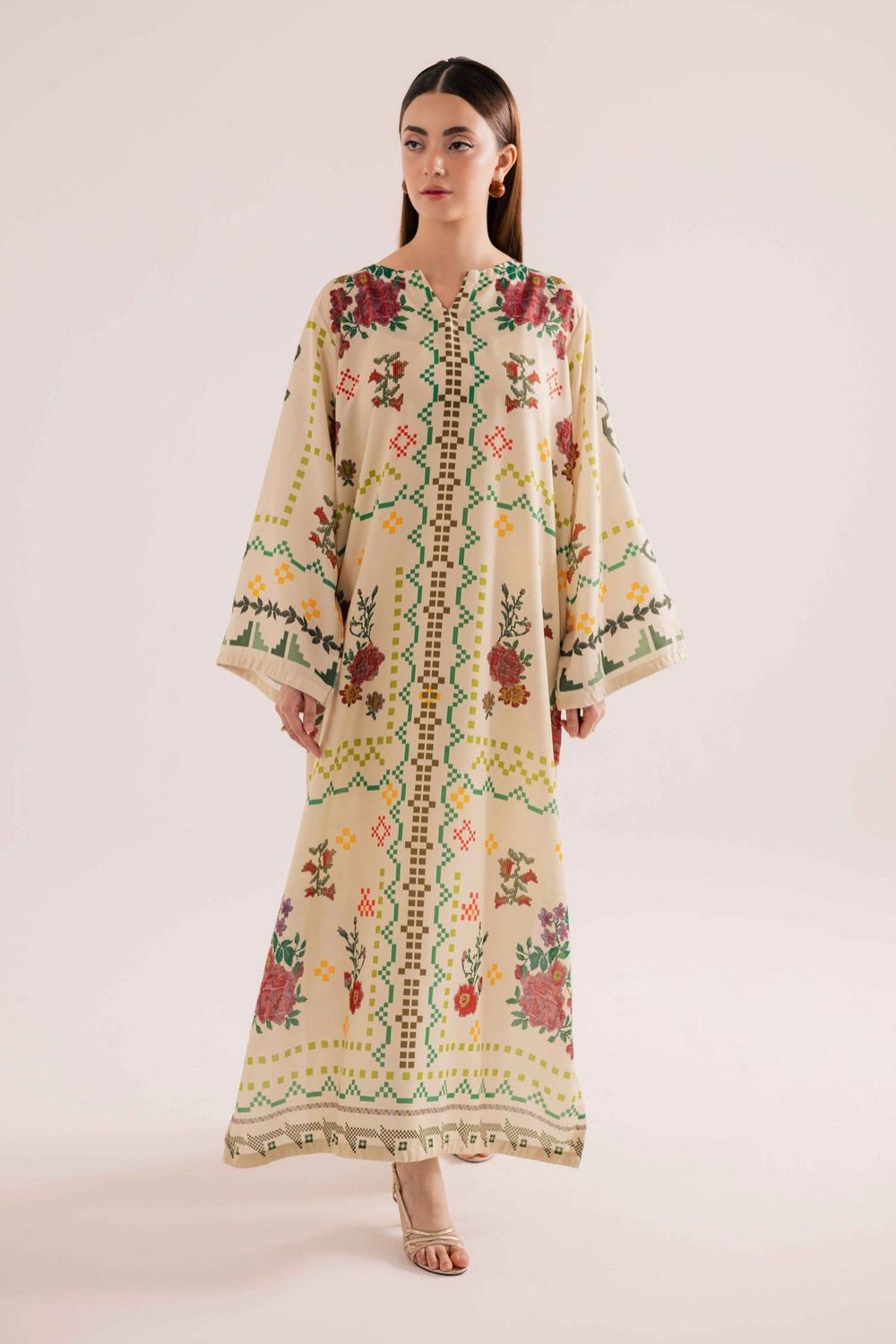Vanilla Raw Silk Printed Kaftan Online in Dubai UAE Abudhabi Ajman Sharjah