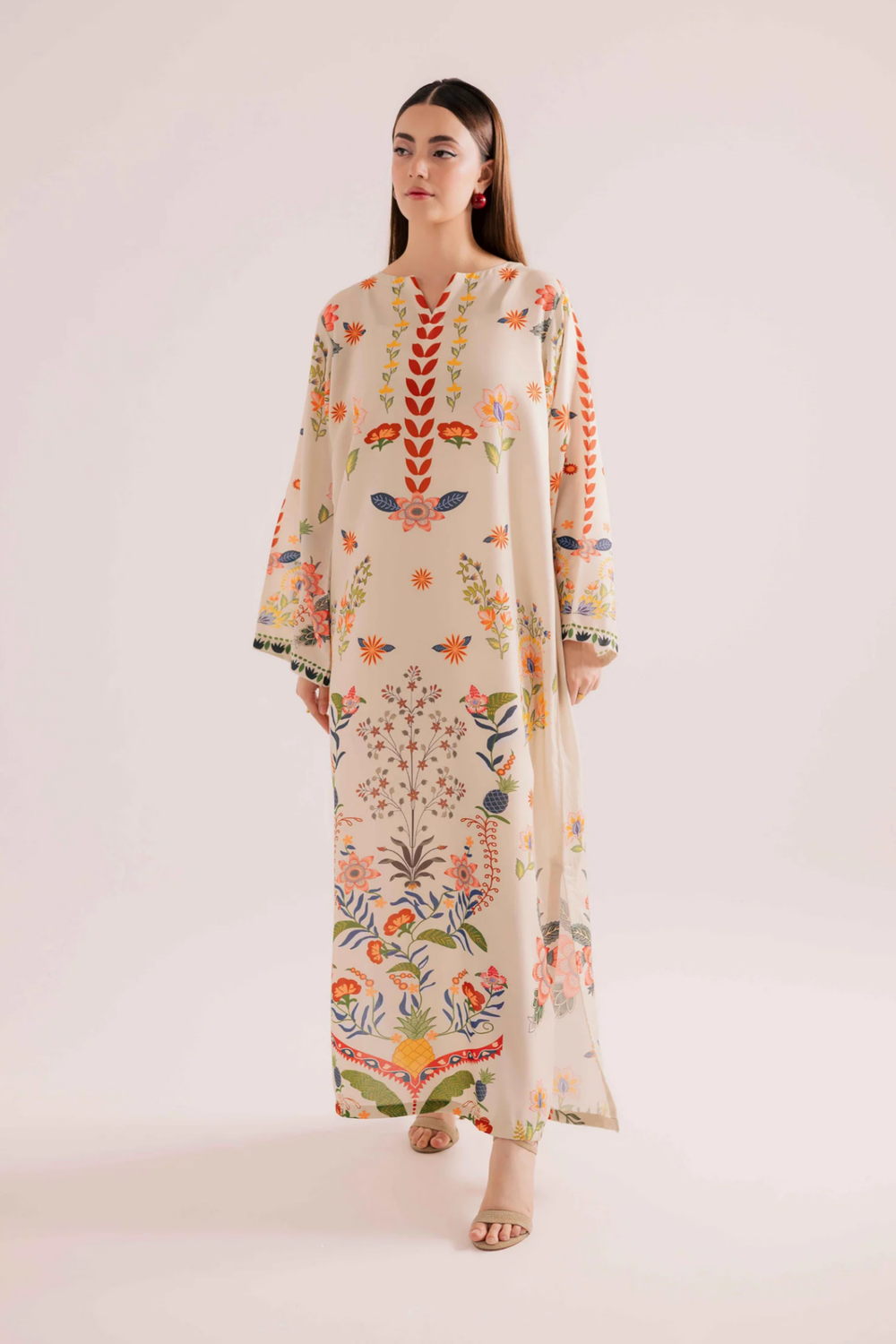 Vanilla Raw Silk Printed Kaftan Online in Dubai UAE Abudhabi Ajman Sharjah