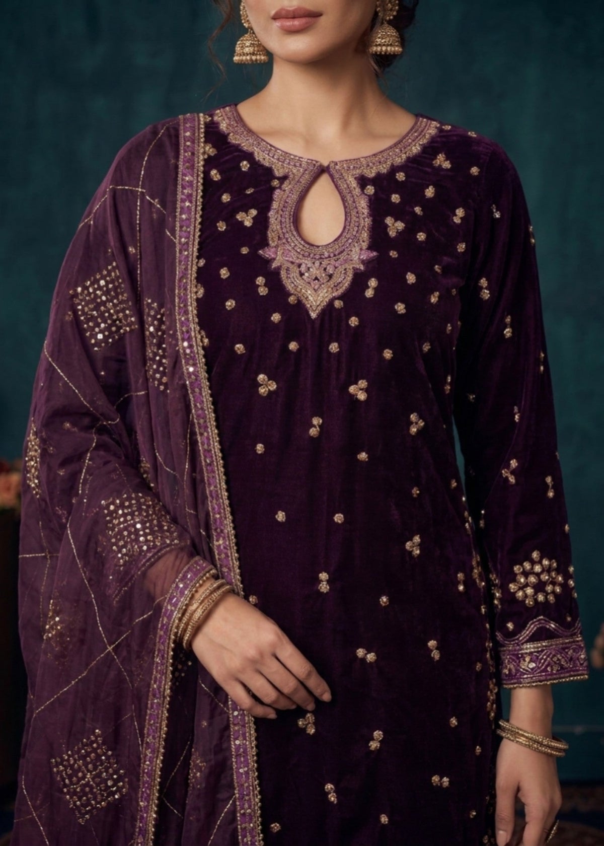 Velvet Designer Plum Salwar Kameez Online in KSA Riyadh Saudi Arabia Oman Bahrain Qatar