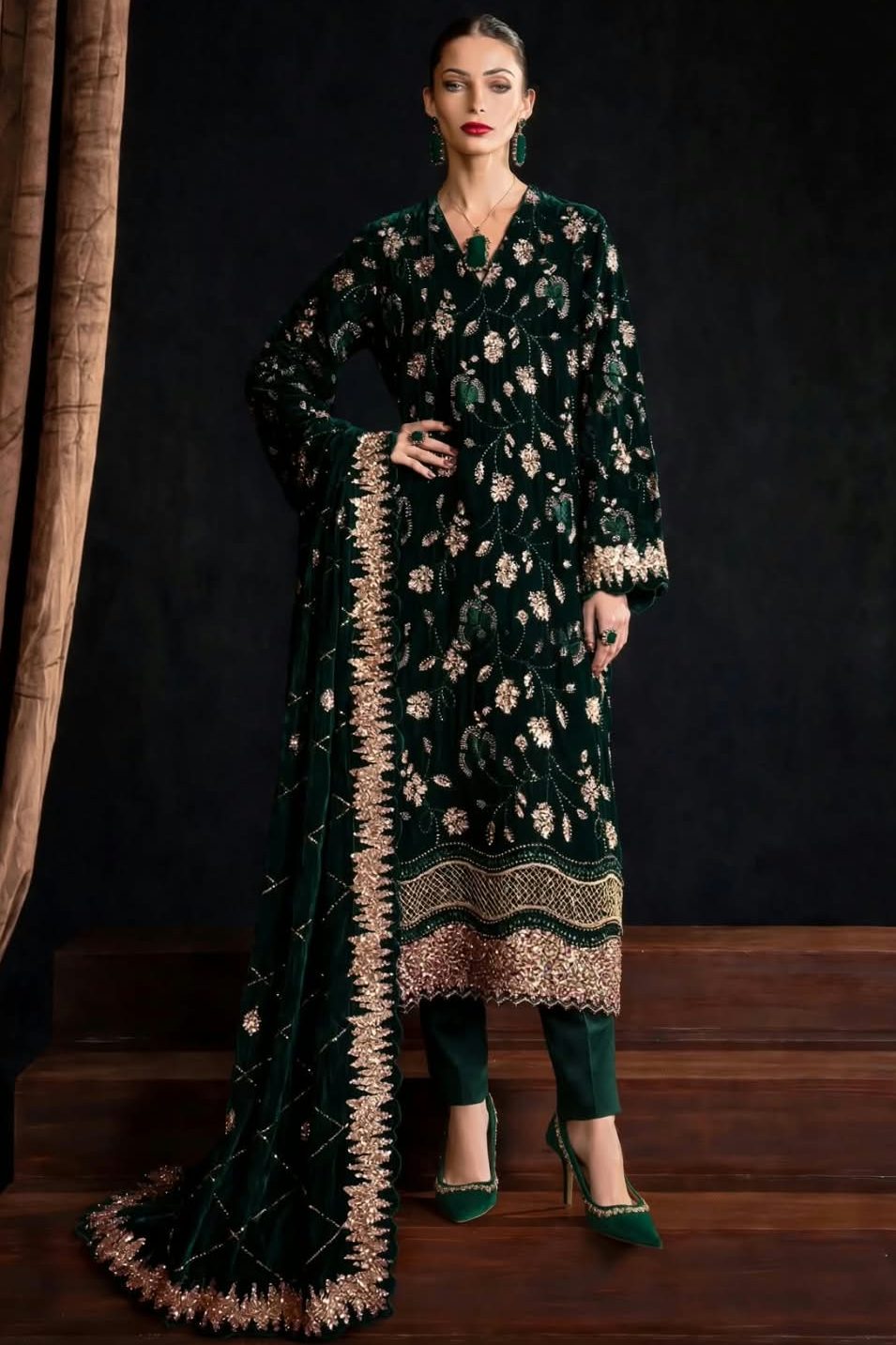 Bottle Green Velvet Suit with Heavy Cutdana Work