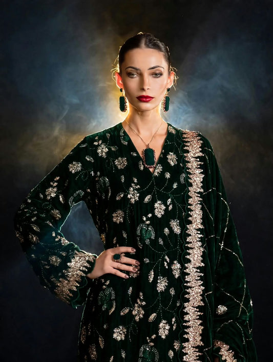 Bottle Green Velvet Suit with Heavy Cutdana Work