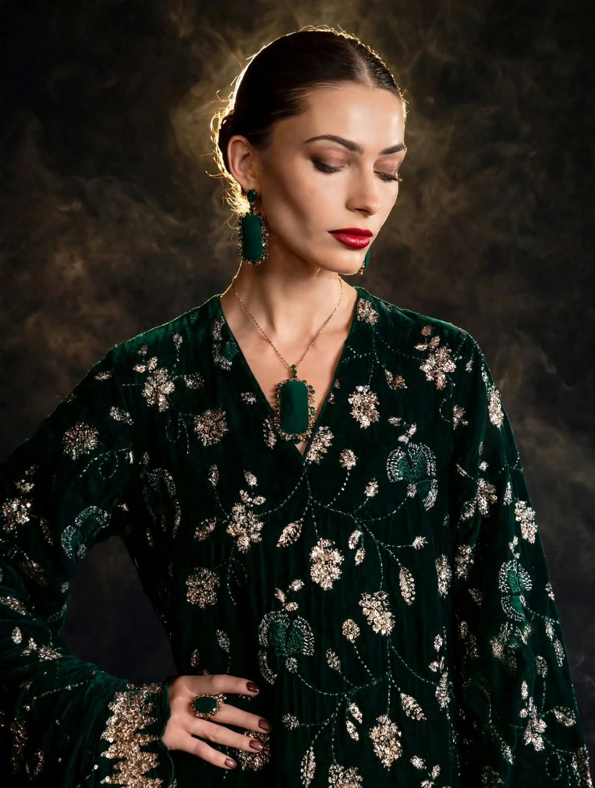 Bottle Green Velvet Suit with Heavy Cutdana Work