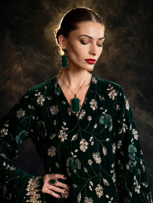 Bottle Green Velvet Suit with Heavy Cutdana Work