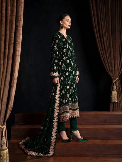 Bottle Green Velvet Suit with Heavy Cutdana Work