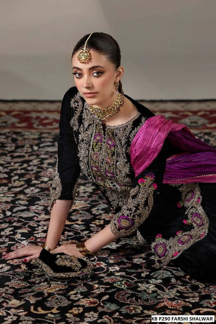 Hand Embroidered Black Farshi Shalwar with 3D Work