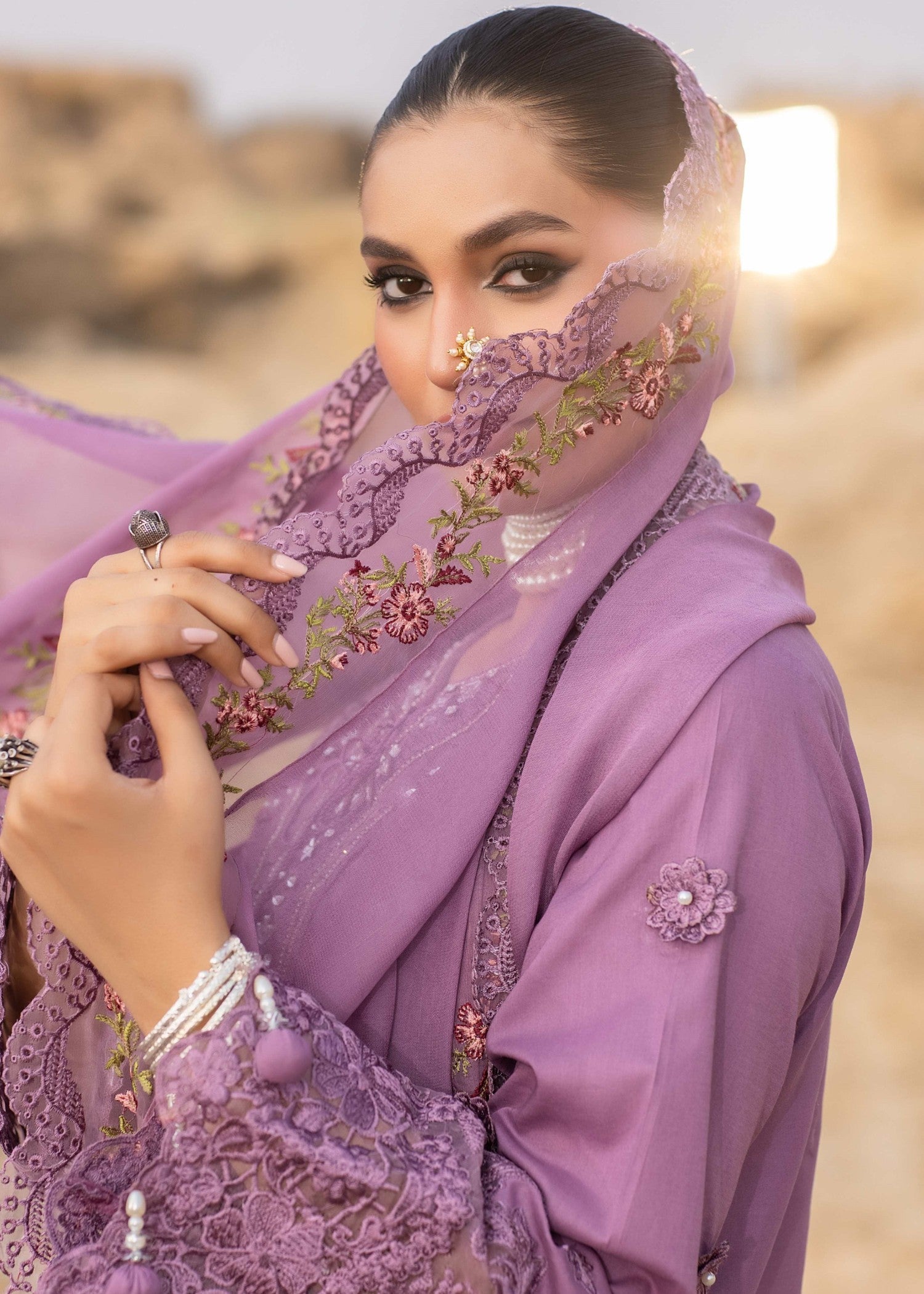 Violet Embroidered Cotton Three Piece Suit Online in Dubai DXB UAE Abudhabi Meena Bazaar