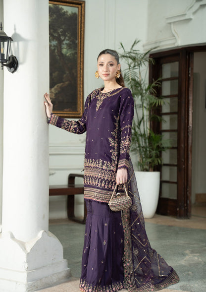 Violet Raw Silk Gharara with Organza Dupatta Online in Dubai UAE Abudhabi Ajman Sharjah