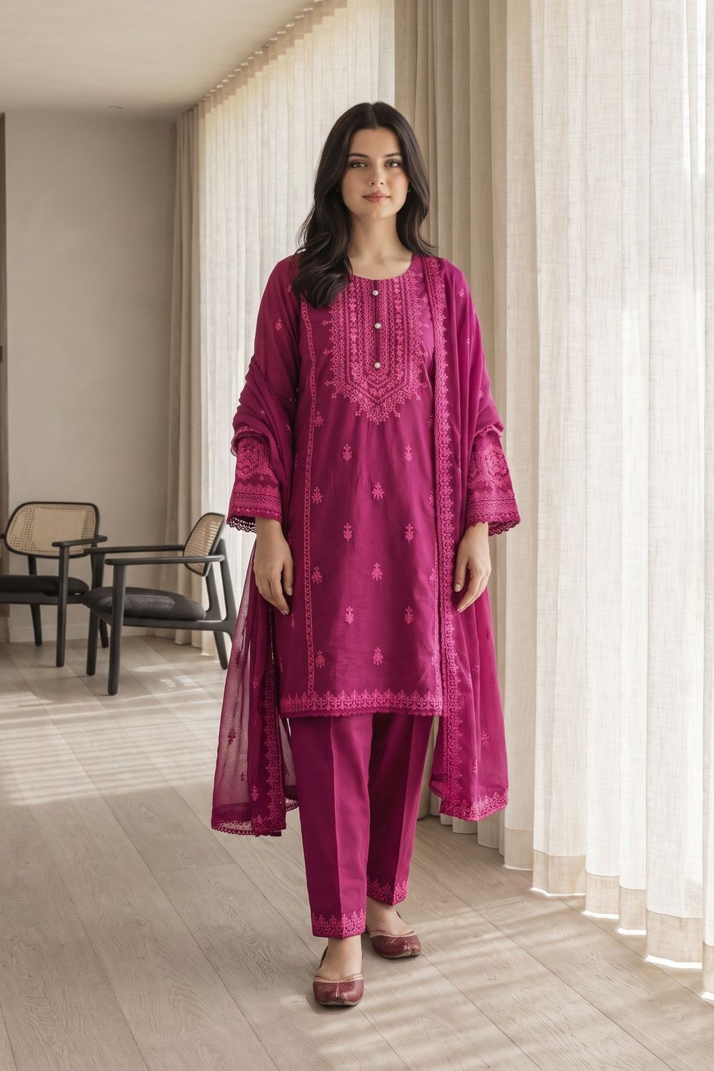 Violet Red Embroidered Cotton Kurta Set Online in Dubai UAE Abudhabi Ajman Sharjah