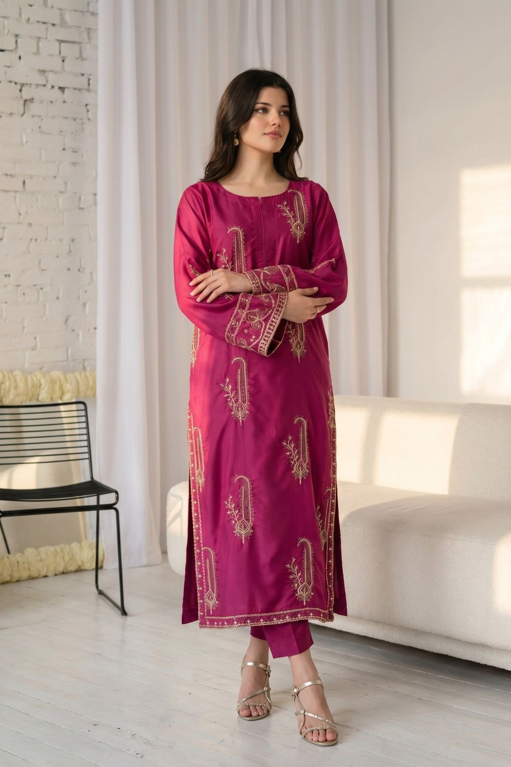Violet Red Embroidered Khaddar Long Kurta Set Online in Dubai UAE Abudhabi Ajman Sharjah