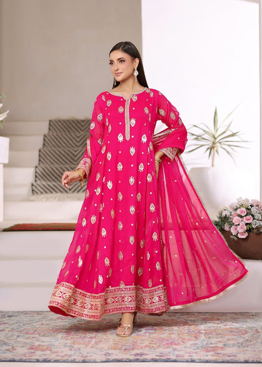 Vivid Pink Chiffon Pishwas with Dupatta Online in Dubai DXB UAE Abudhabi Meena Bazaar
