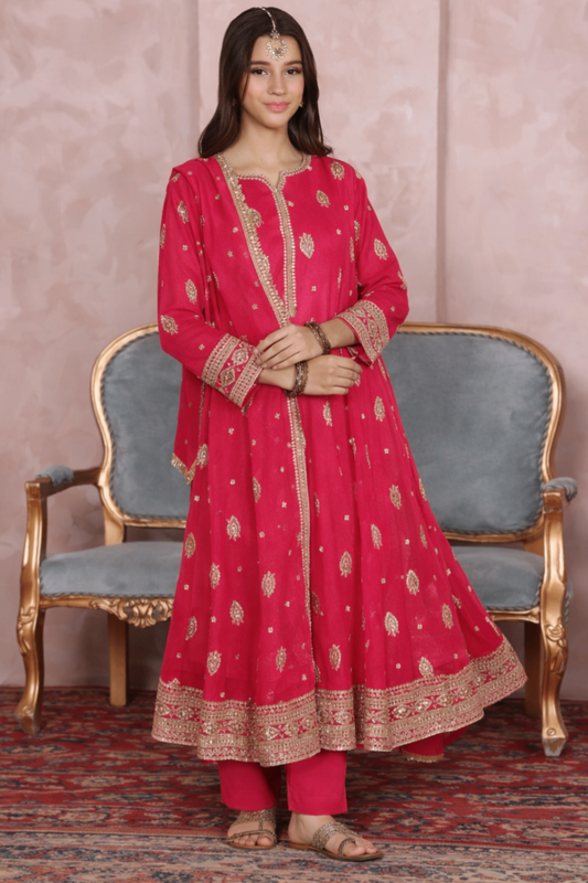 Vivid Pink Embroidered Chiffon Flared Pishwas Suit Online in Dubai UAE Abudhabi Ajman Sharjah