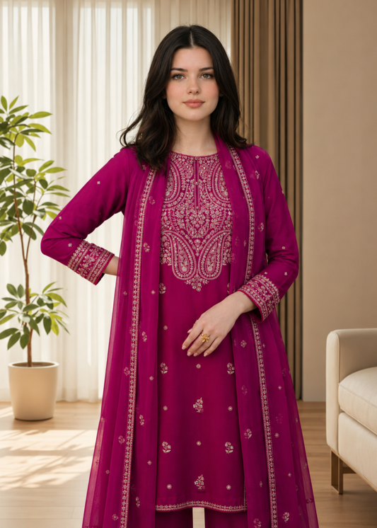 Vivid Pink Embroidered Cotton Kurta Set Online in Dubai DXB UAE Abudhabi Meena Bazaar