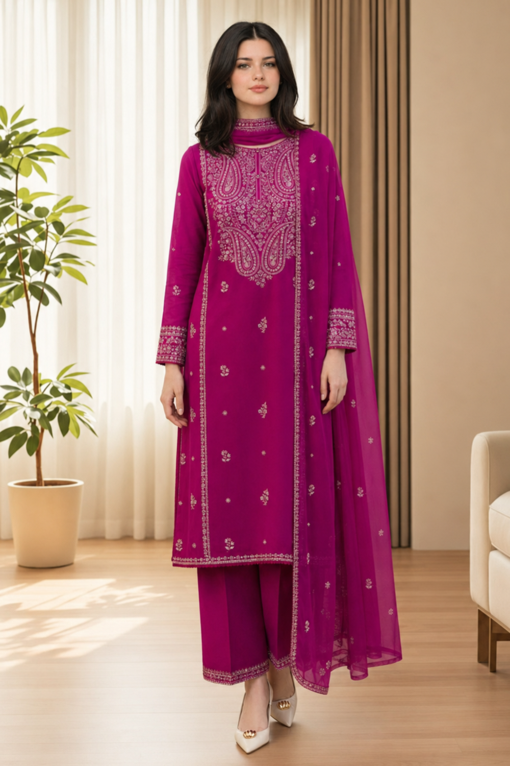 Vivid Pink Embroidered Cotton Salwar Suit Online in Dubai UAE Abudhabi Ajman Sharjah