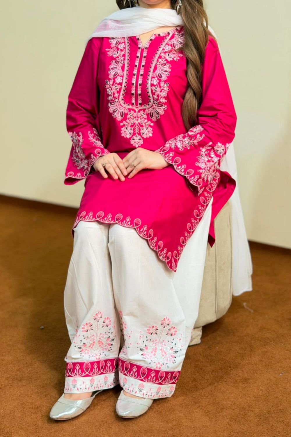 Vivid Pink Embroidered Lawn Farshi Shalwar Suit Online in Dubai UAE Abudhabi Ajman Sharjah
