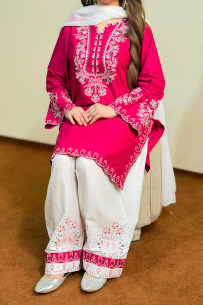 Vivid Pink Embroidered Lawn Farshi Shalwar Suit Online in Dubai UAE Abudhabi Ajman Sharjah