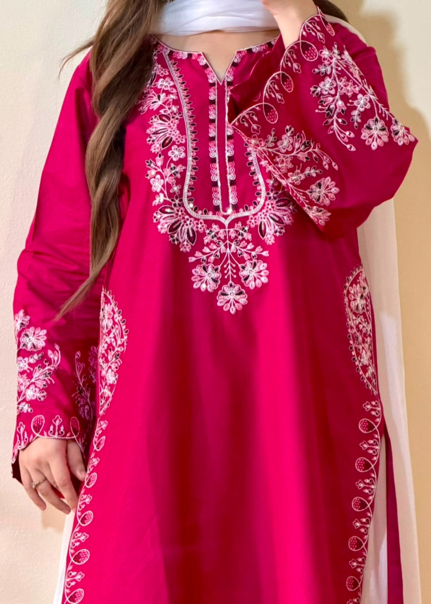 Vivid Pink Embroidered Lawn Farshi Shalwar Suit Online in KSA Riyadh Saudi Arabia Oman Bahrain Qatar