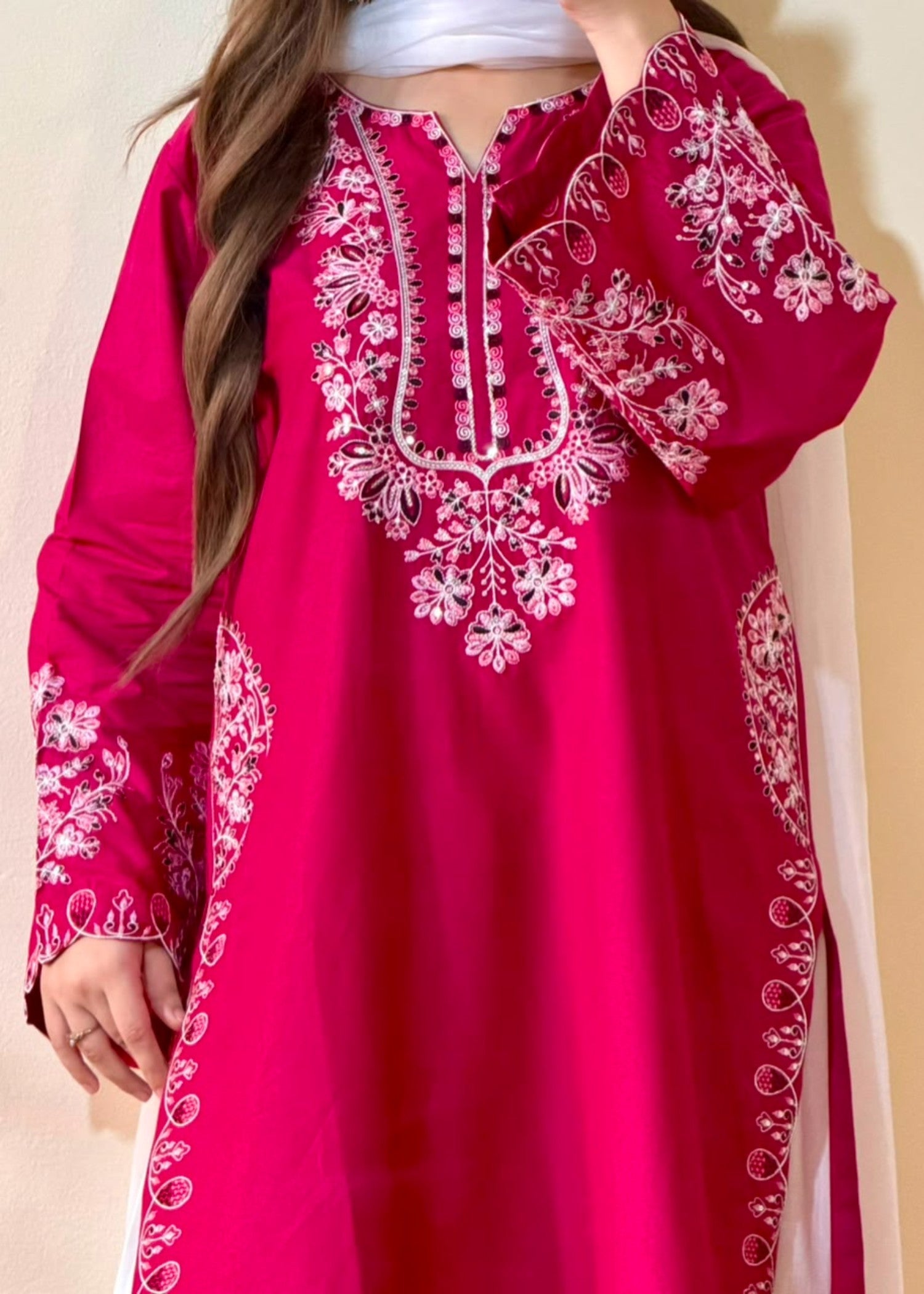 Vivid Pink Embroidered Lawn Farshi Shalwar Suit Online in KSA Riyadh Saudi Arabia Oman Bahrain Qatar