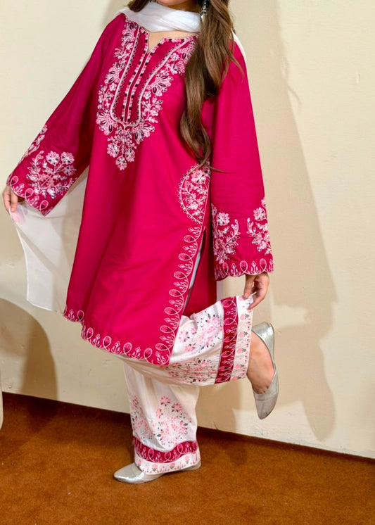 Vivid Pink Embroidered Lawn Kurta Set Online in Sri Lanka India Australia