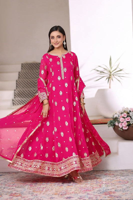 Vivid Pink Sequins Embroidered Chiffon Festive Suit Online in Dubai UAE Abudhabi Ajman Sharjah