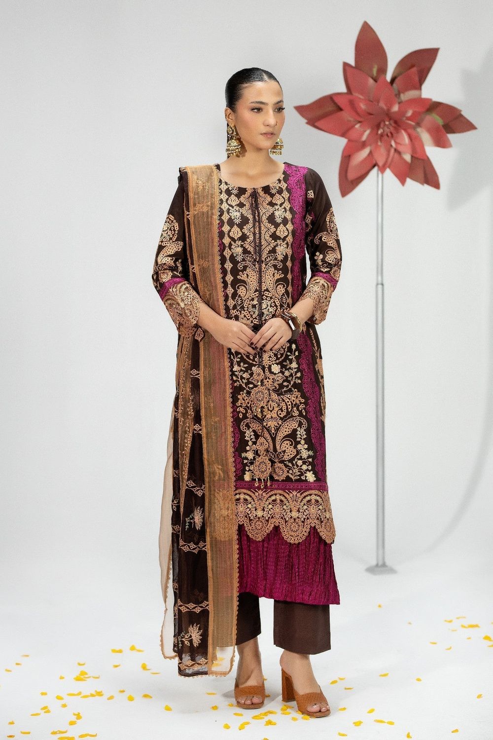 Walnut Brown Embroidered Cotton Festive Suit Online in Dubai UAE Abudhabi Ajman Sharjah