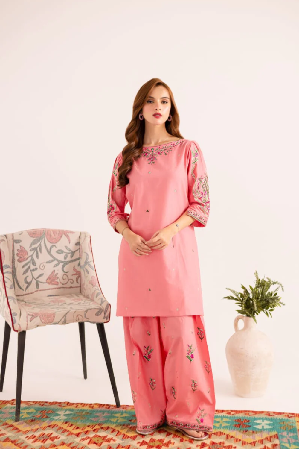 Watermelon Pink Embroidered Cotton Kurta Set Online in Dubai UAE Abudhabi Ajman Sharjah