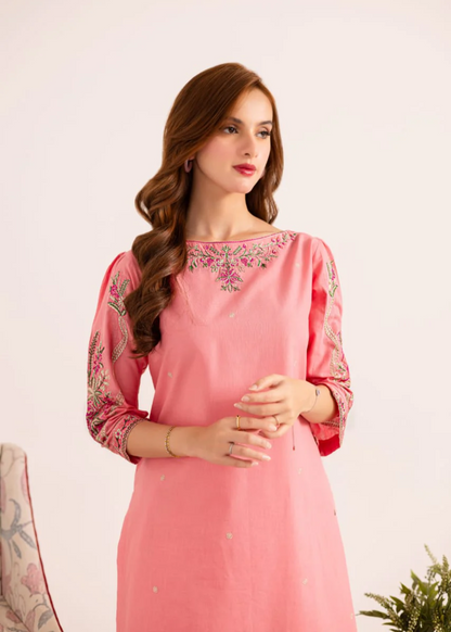 Watermelon Pink Embroidered Cotton Kurta Set Online in Dubai UAE Abudhabi Ajman Sharjah