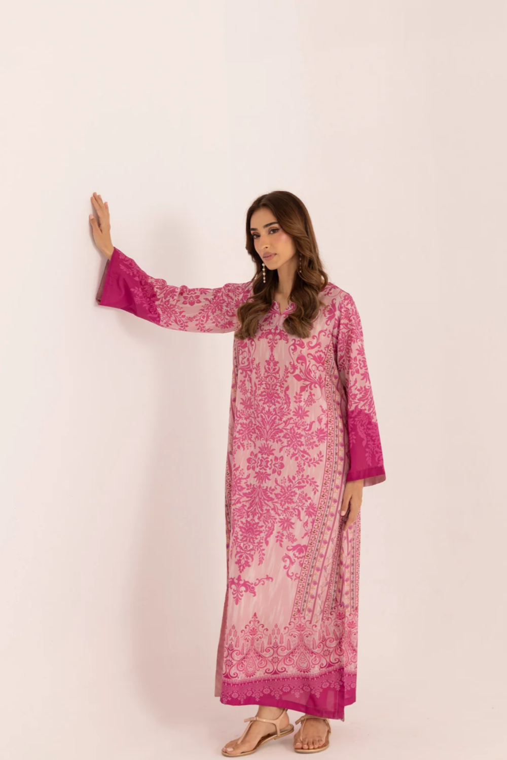 Watermelon Pink Silk Finish Lawn Kaftan Online in Dubai UAE Abudhabi Ajman Sharjah