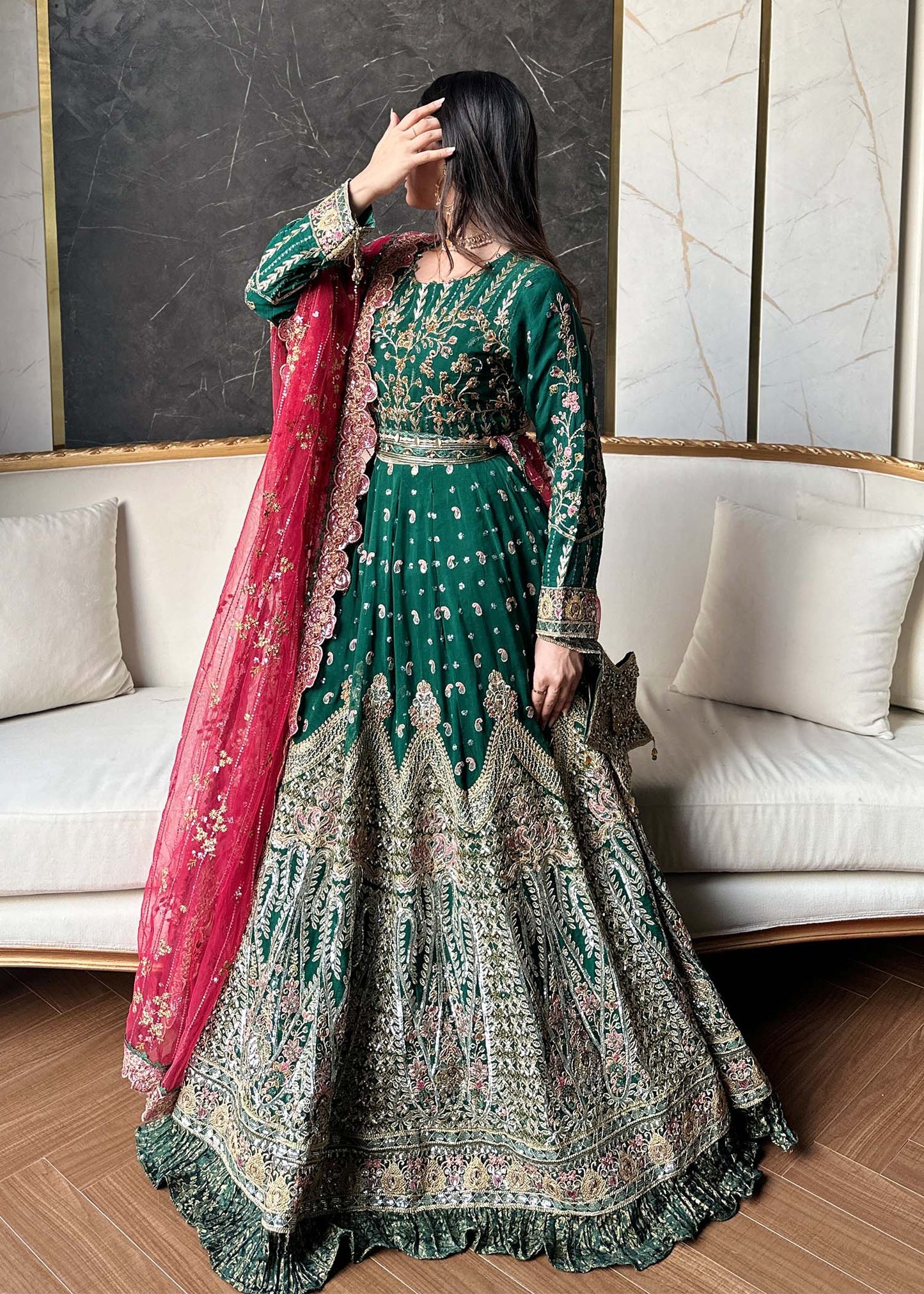 Wedding Guest Embroidered Chiffon Suit with Potli Online in Dubai UAE Abudhabi Ajman Sharjah