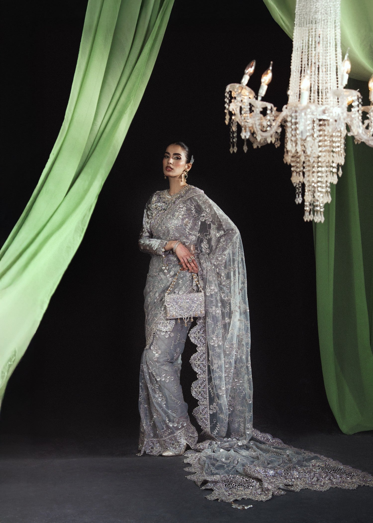 Wedding Guest Embroidered Saree Silver Online in Sri Lanka India Australia