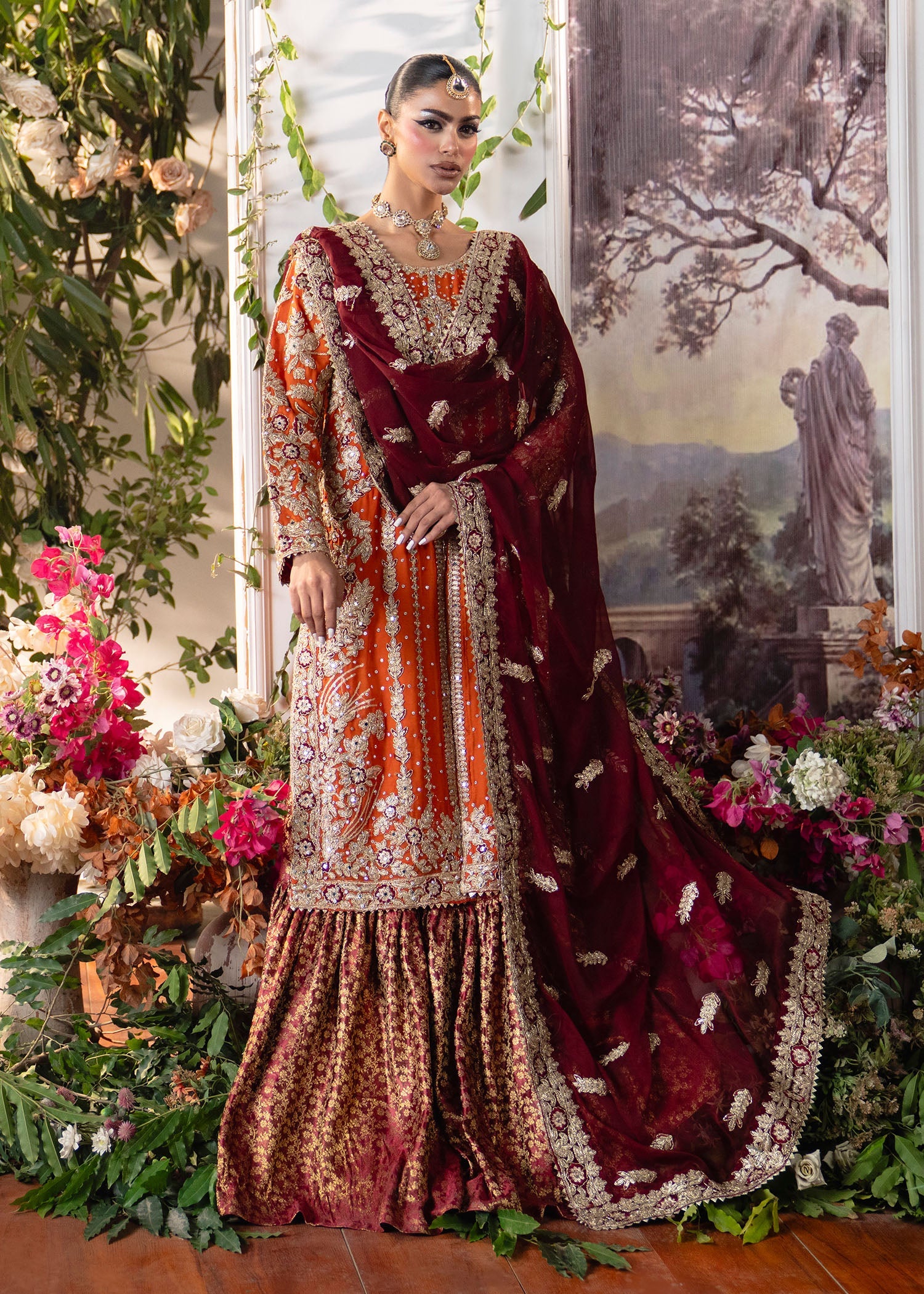 Wedding Guest Orange Banarasi Gharara Online in UK USA Canada