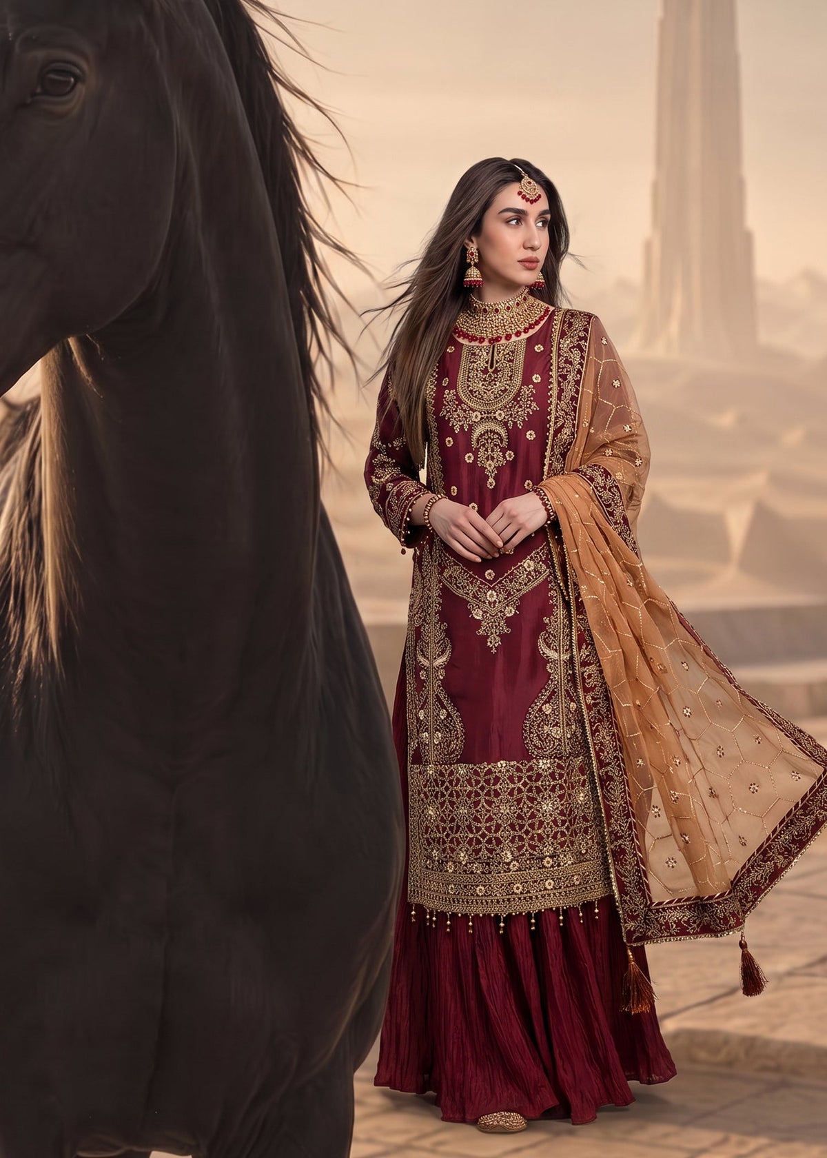 Wedding Guest Red Organza Sharara Online in KSA Riyadh Saudi Arabia Oman Bahrain Qatar