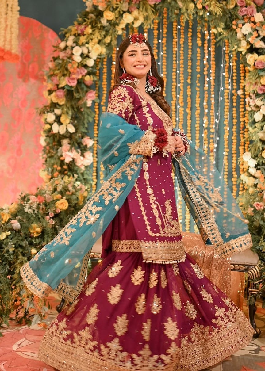 Wedding Guest Wear Magenta Chiffon Gharara Online in KSA Riyadh Saudi Arabia Oman Bahrain Qatar