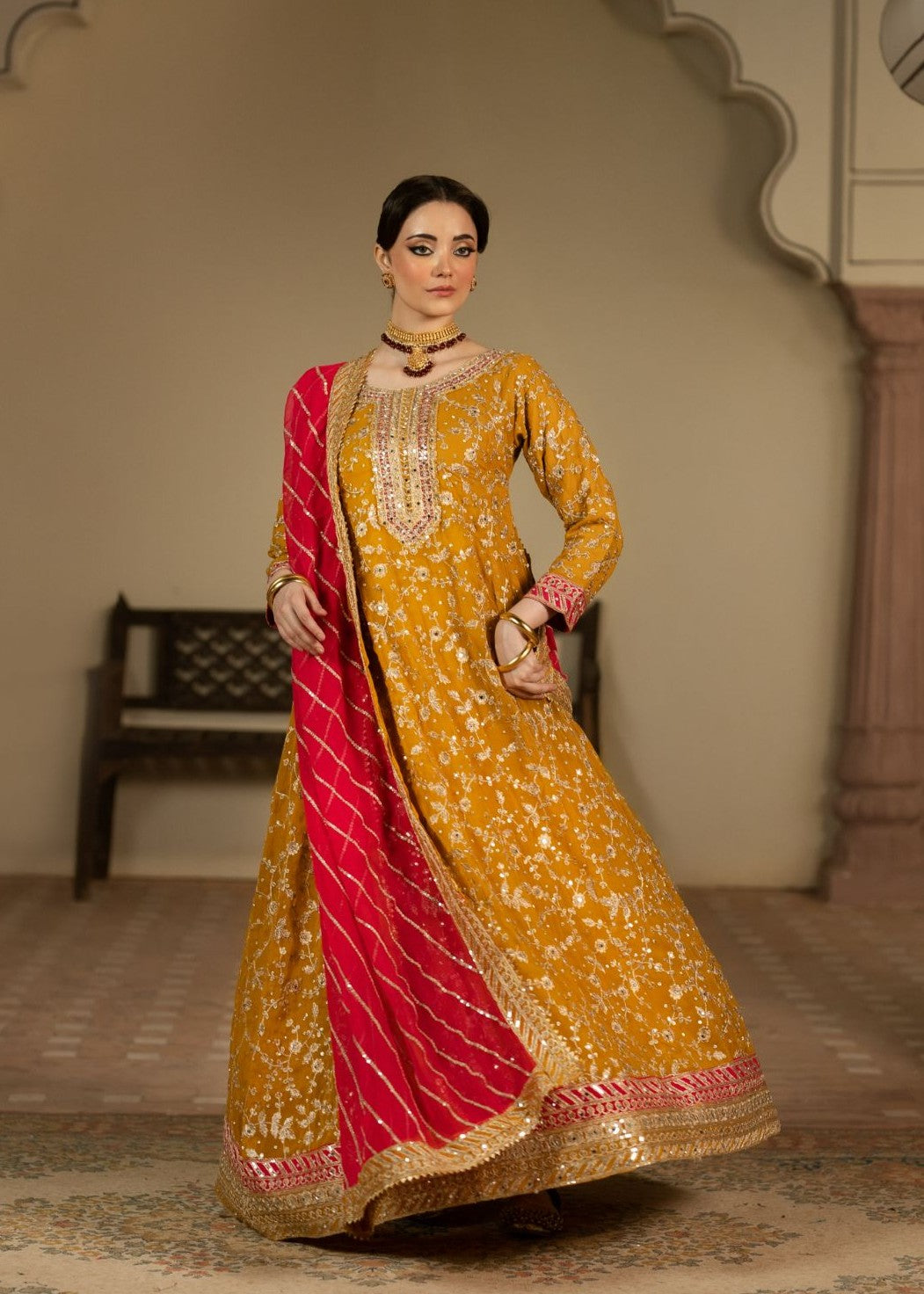 Wedding Guest Wear Mustard Chiffon Suit Online in Sri Lanka India Australia