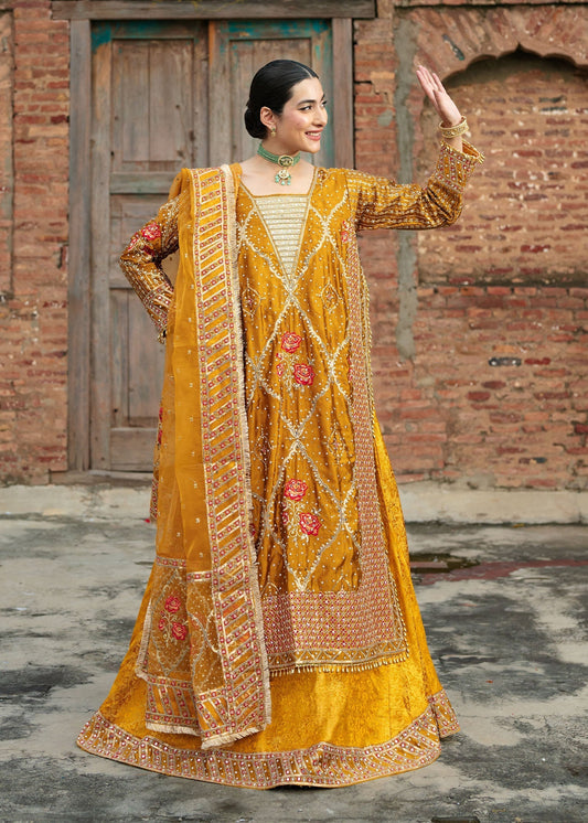 Wedding Guest Wear Mustard Organza Lehenga Online in KSA Riyadh Saudi Arabia Oman Bahrain Qatar