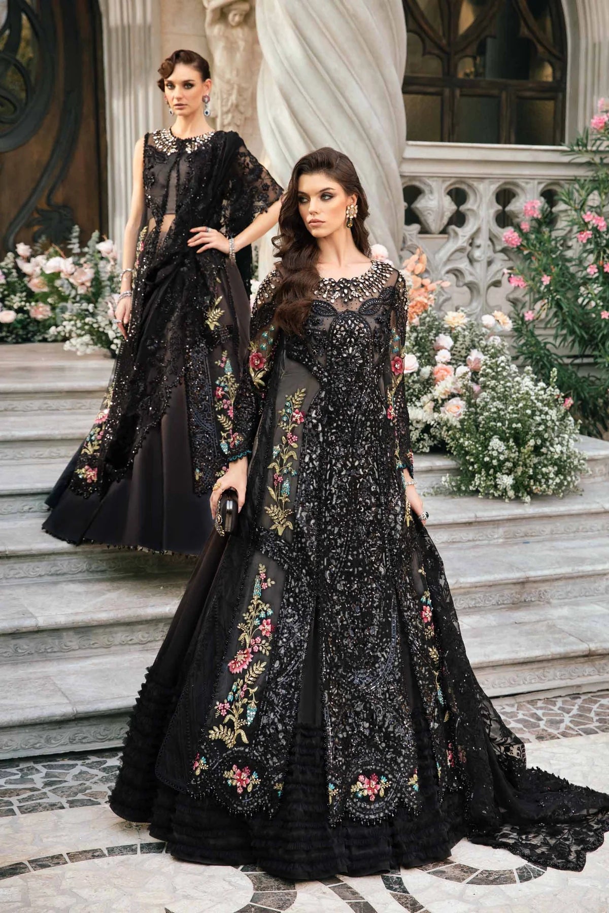 Black Handmade Pure Organza Suit with Diamentes