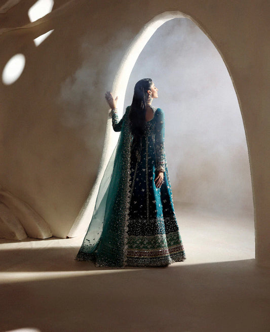 Zinc Blue-Green Hand Embellished Raw Silk Bridal Maxi / Lehenga Choli