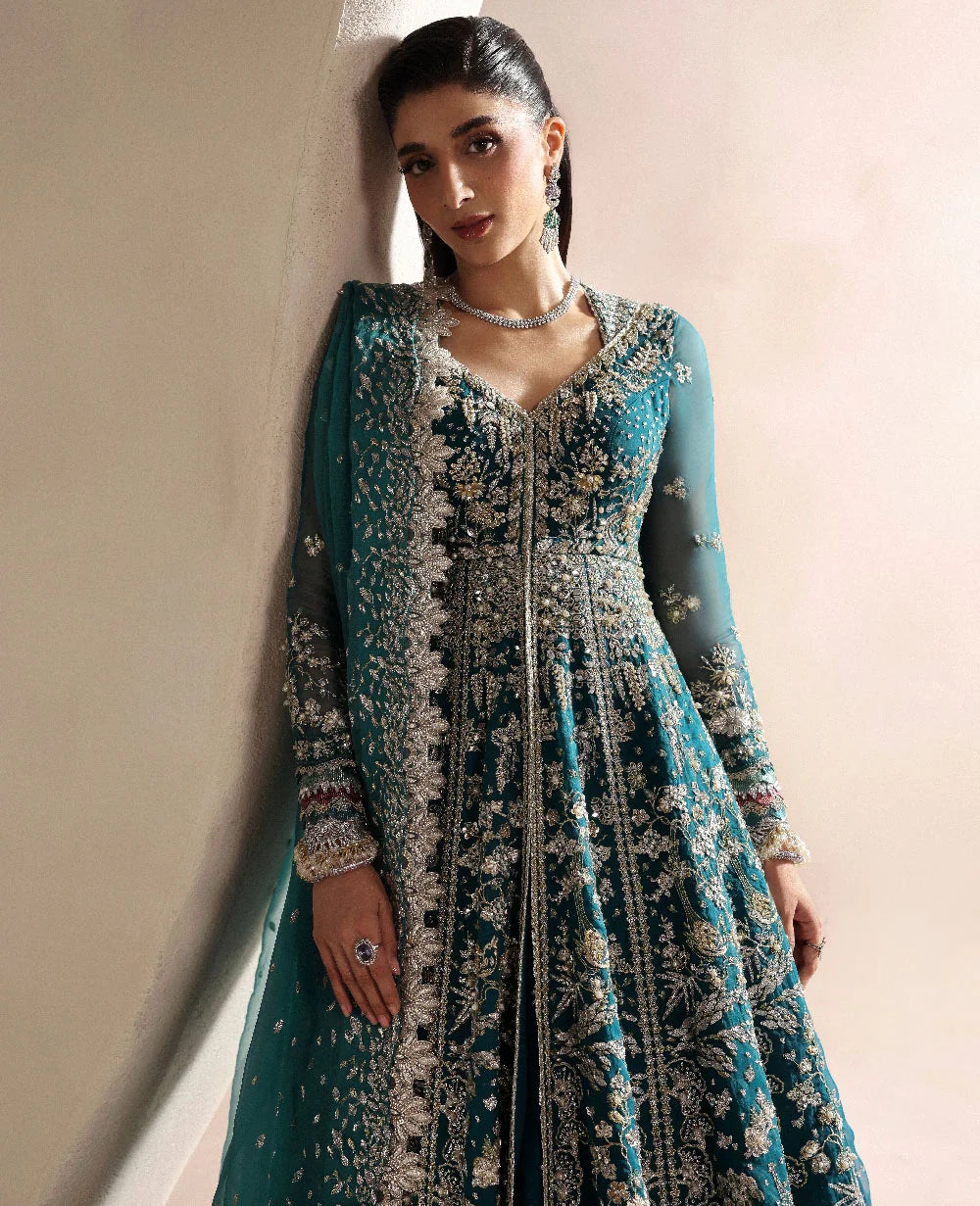 Zinc Blue-Green Hand Embellished Raw Silk Bridal Maxi / Lehenga Choli