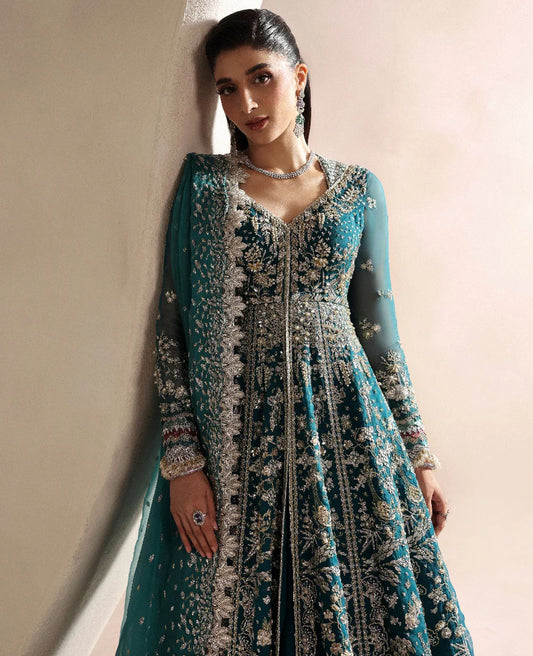 Zinc Blue-Green Hand Embellished Raw Silk Bridal Maxi / Lehenga Choli