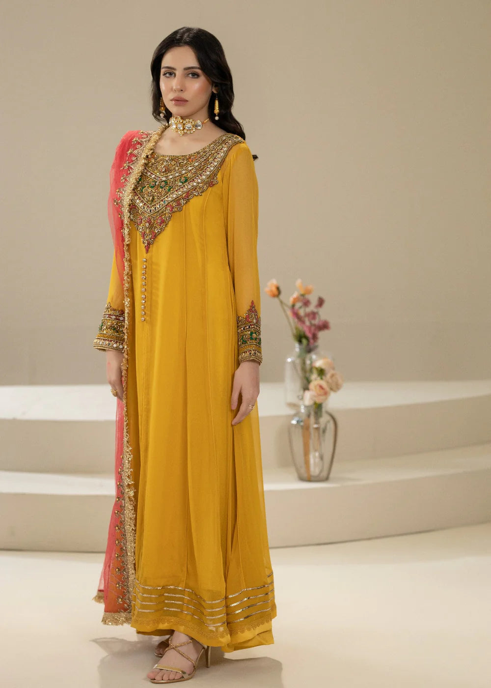 Hand Embroidered Mustard Pure Chiffon Suit Size 44