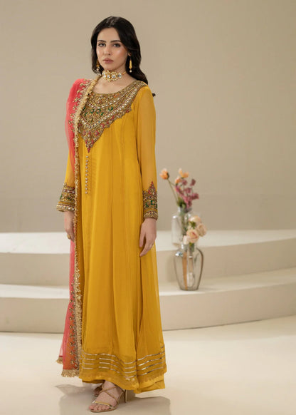 Hand Embroidered Mustard Pure Chiffon Suit Size 44