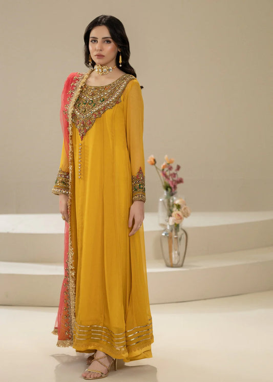 Hand Embroidered Mustard Pure Chiffon Suit