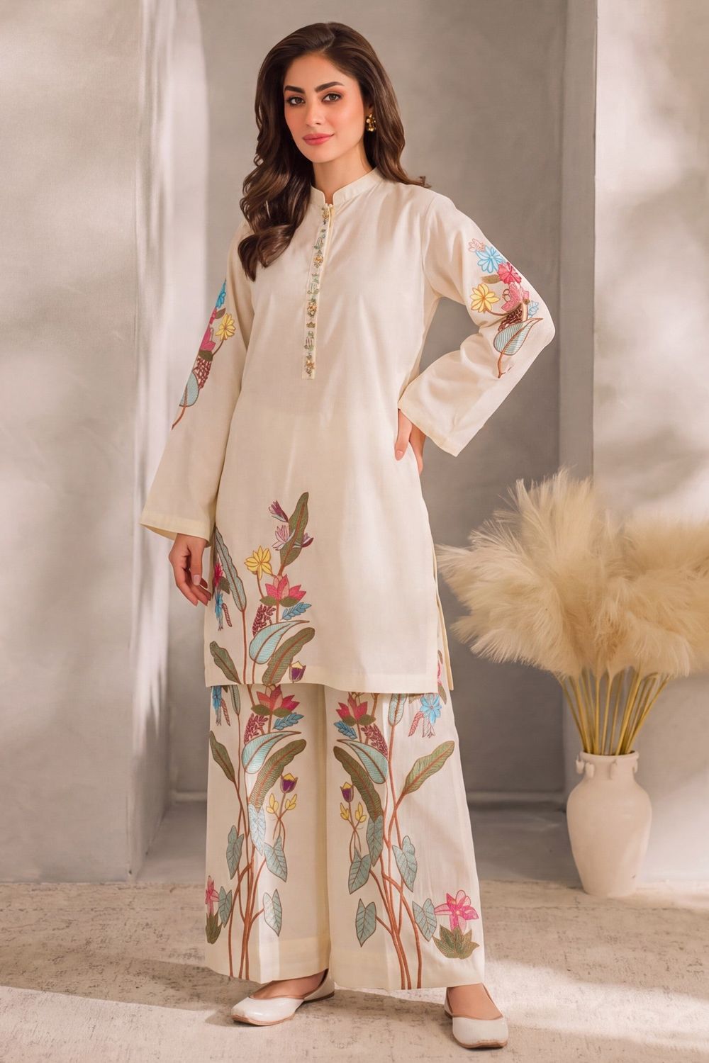 Wheat Embroidered Cotton Pakistani Suit Online in Dubai UAE Abudhabi Ajman Sharjah