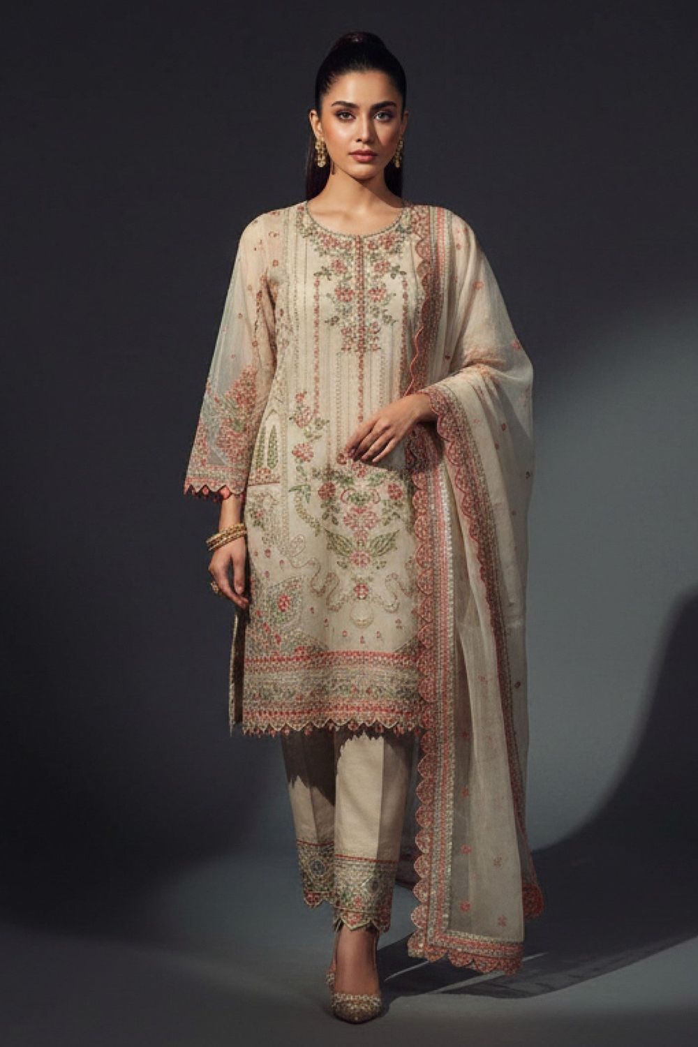 Wheat Embroidered Organza Festive Suit Online in Dubai UAE Abudhabi Ajman Sharjah