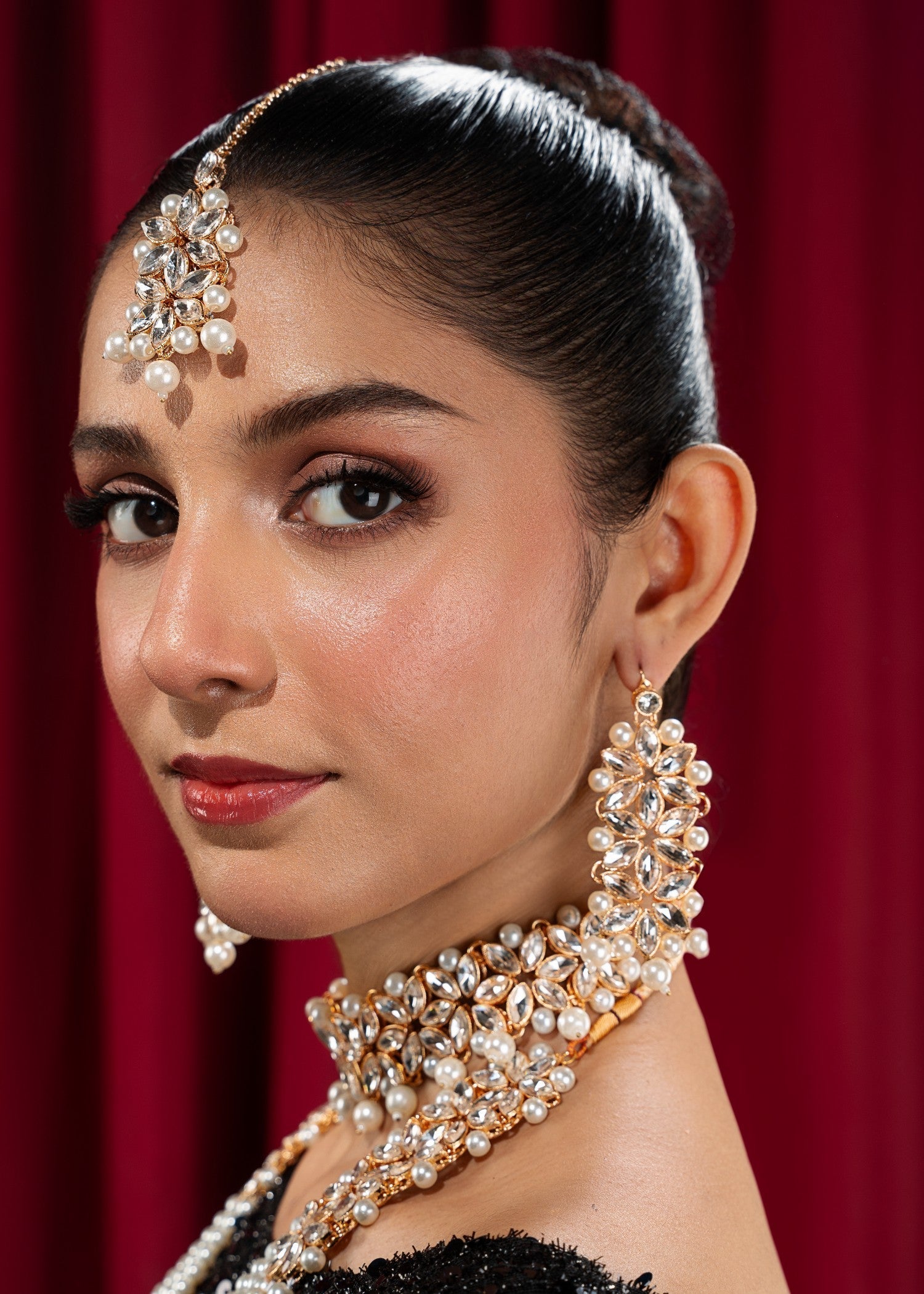 White Beaded Malaa Choker Earrings Tikka Online in Sri Lanka India Australia