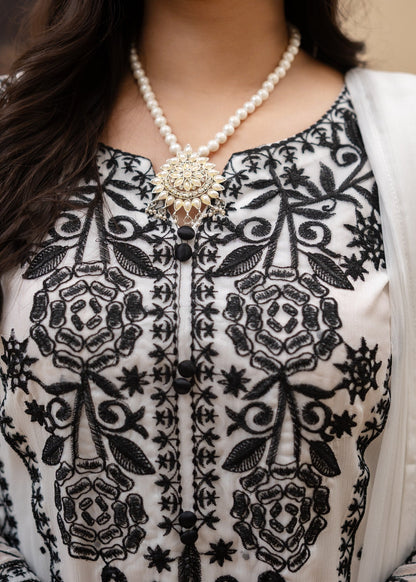 White Bemberg Crinkle Chiffon Embroidered 3 Piece Suit Online in Dubai UAE Abudhabi Ajman Sharjah