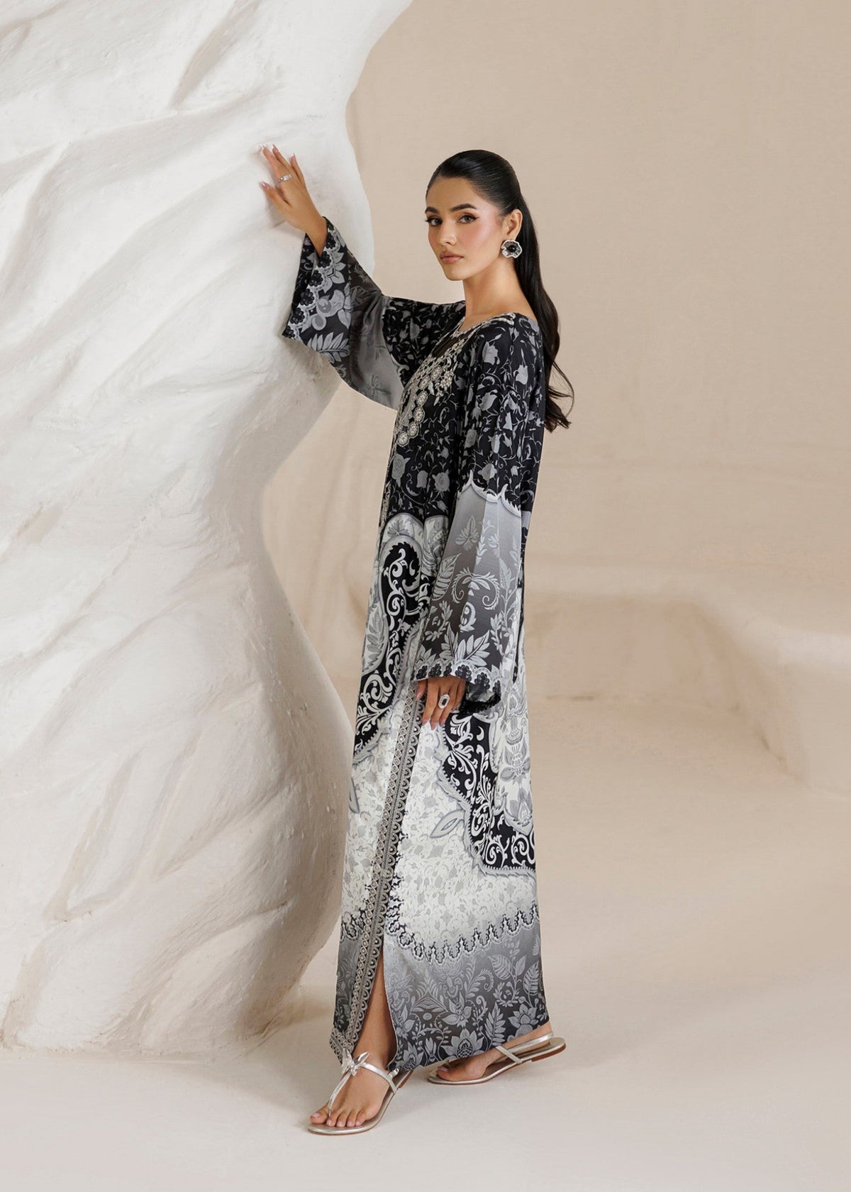 White Black Embroidered Raw Silk Kaftan Online in Dubai DXB UAE Abudhabi Meena Bazaar