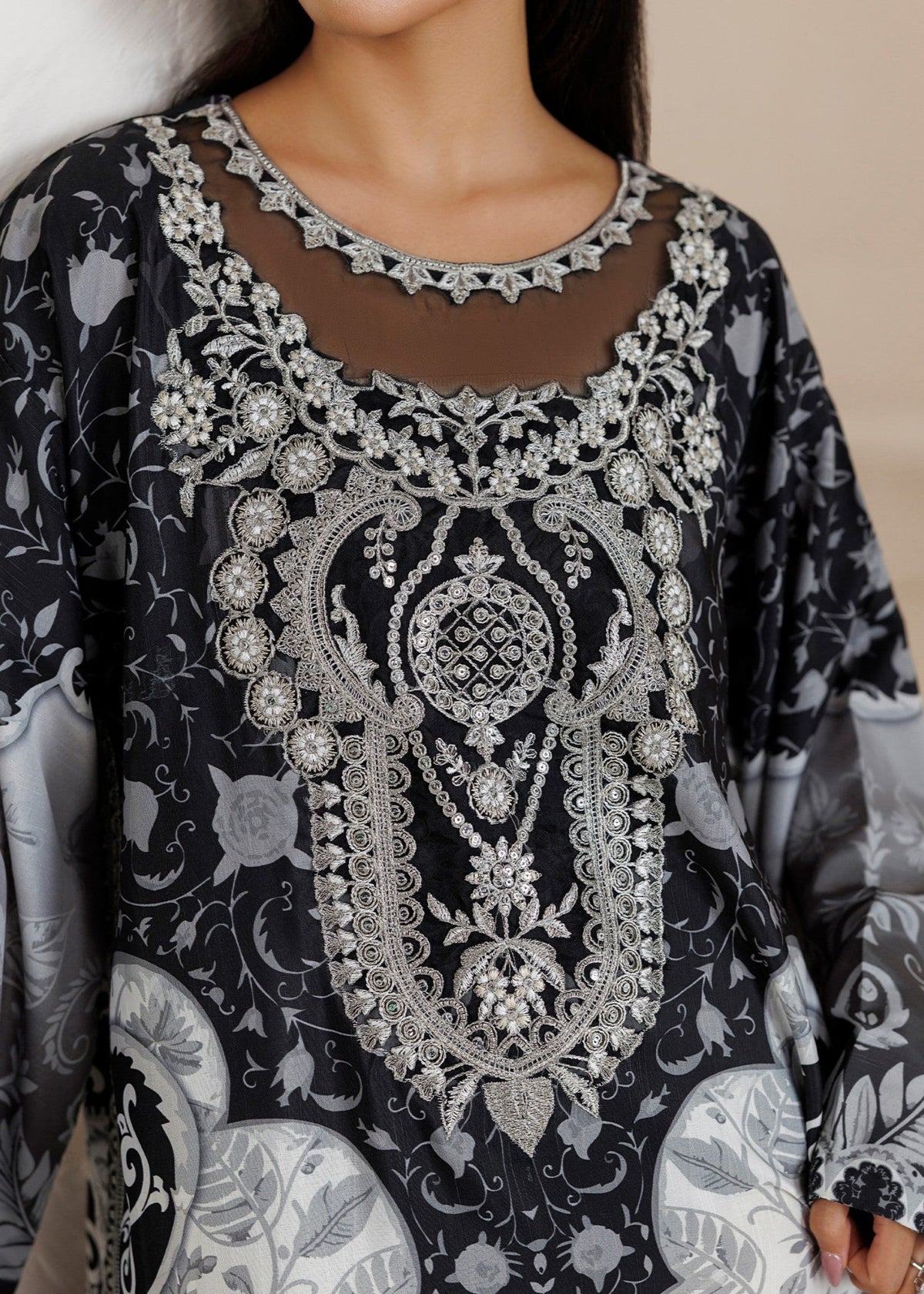 White Black Embroidered Raw Silk Kaftan Online in KSA Riyadh Saudi Arabia Oman Bahrain Qatar